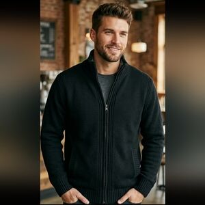 LG Emanuel Ungaro Men’s Sherpa-Lined Full Zip Cotton Knit Sweater Jacket Black